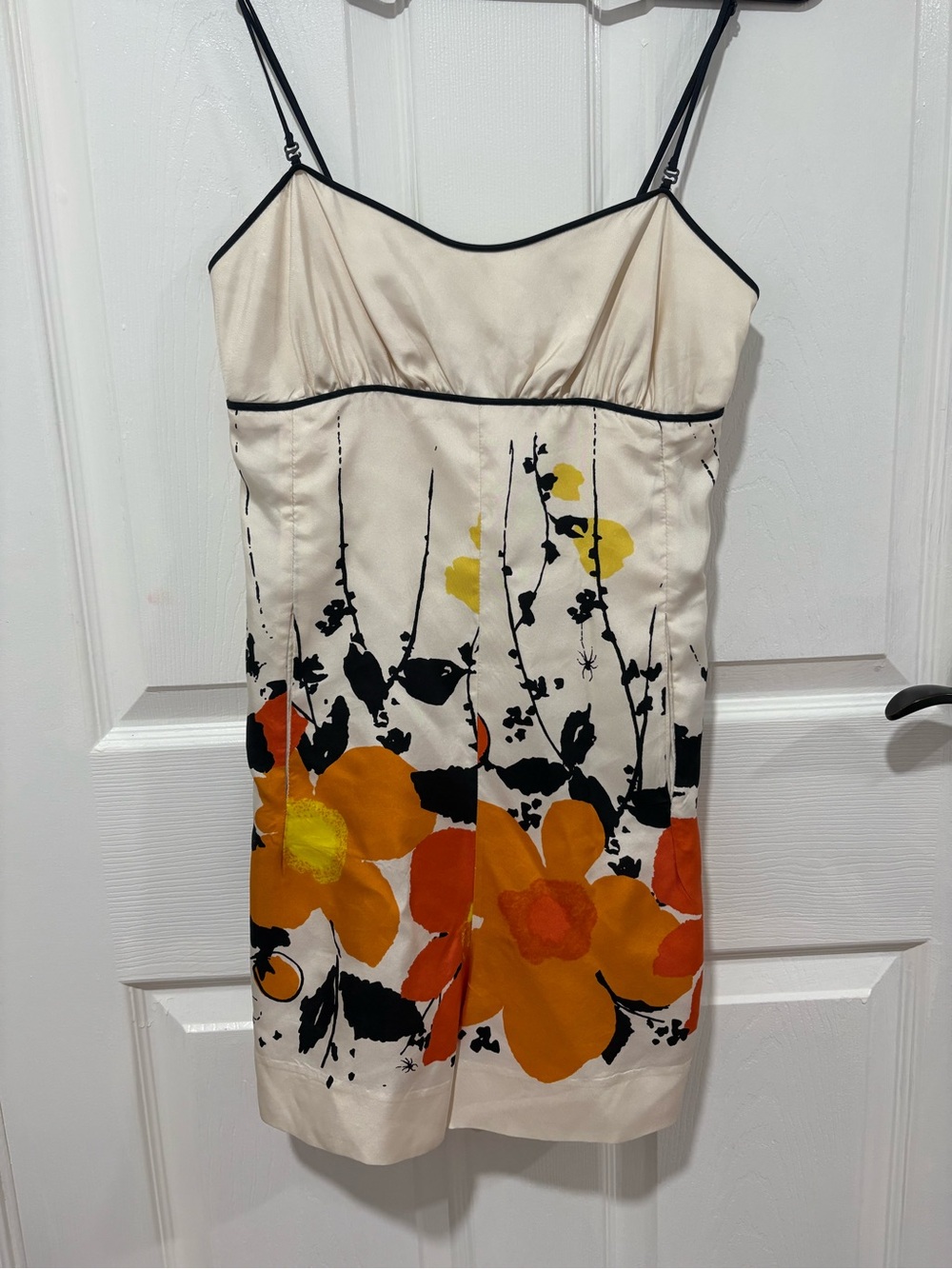 Susana Monaco Cream Slip Dress with Black Trim and Orange Floral Print